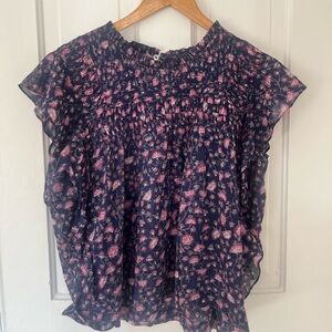 Isabel Marant Etoile Navy Floral Ruffle Blouse with Pink Flowers